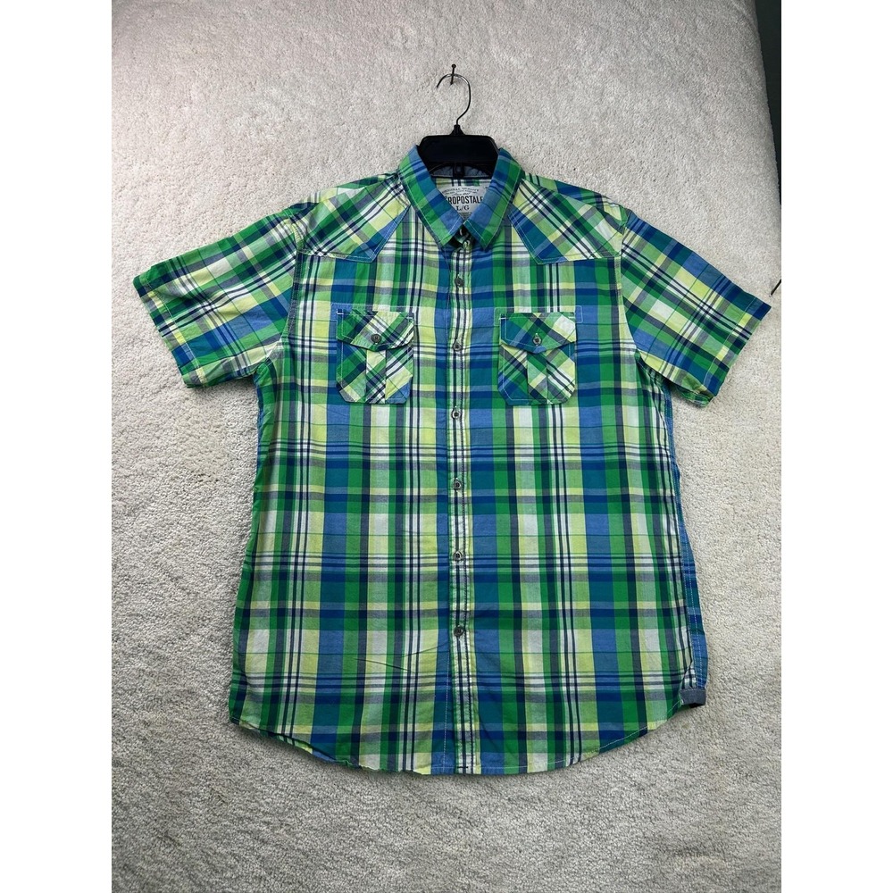 Aeropostale Shirt Mens Large Green Blue Plaid Short Sleeve‎ Button Up Cotton Top
